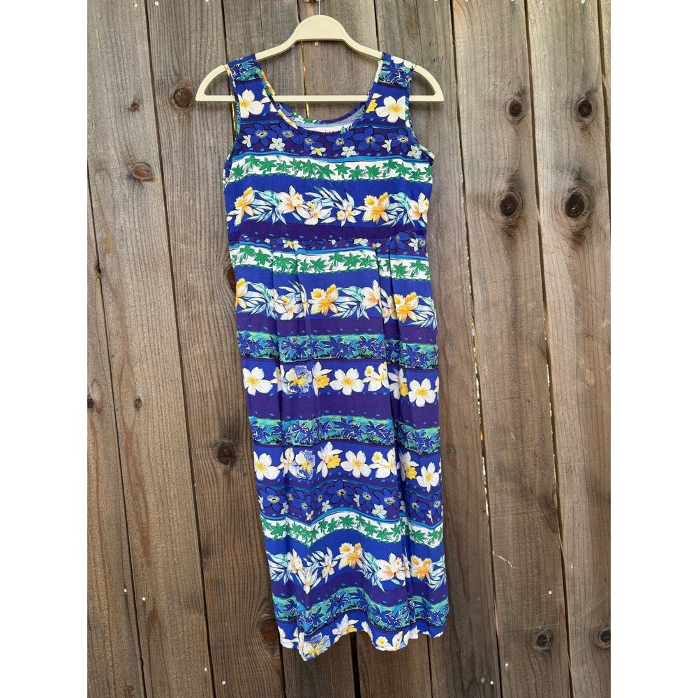 Jams World Vintage Floral 1990s Maxi Dress Sleeveless Hawaiian Print Blue S